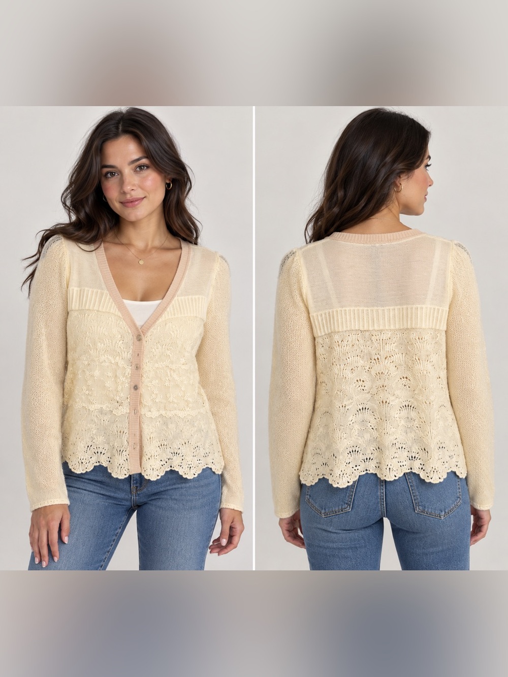 Free People Cream Lace-Trim V-Neck Cardigan